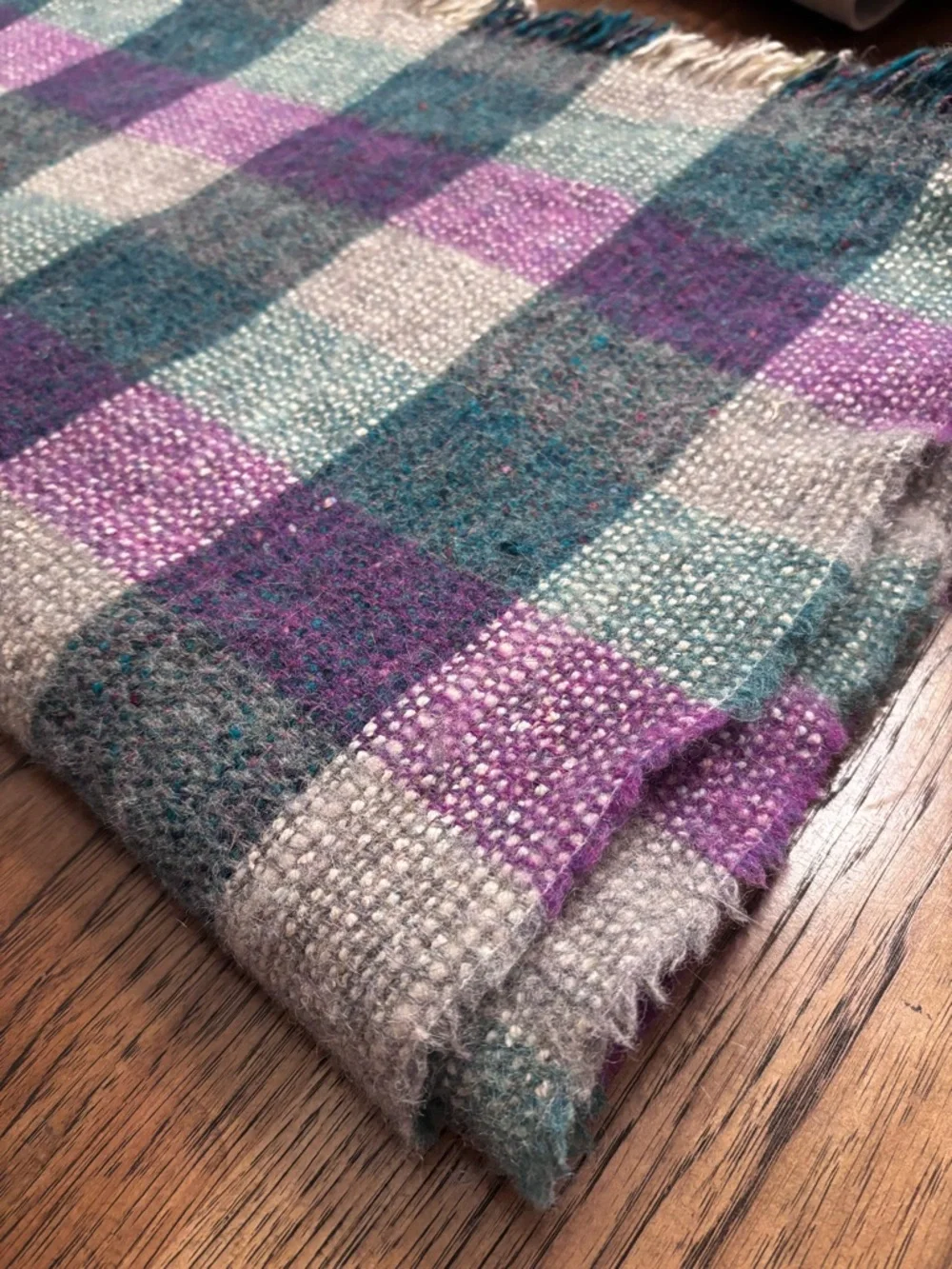 Wool Throw Blanket Purple Teal Cream Plaid Fringe Cabin Cottage 48x60 Vintage